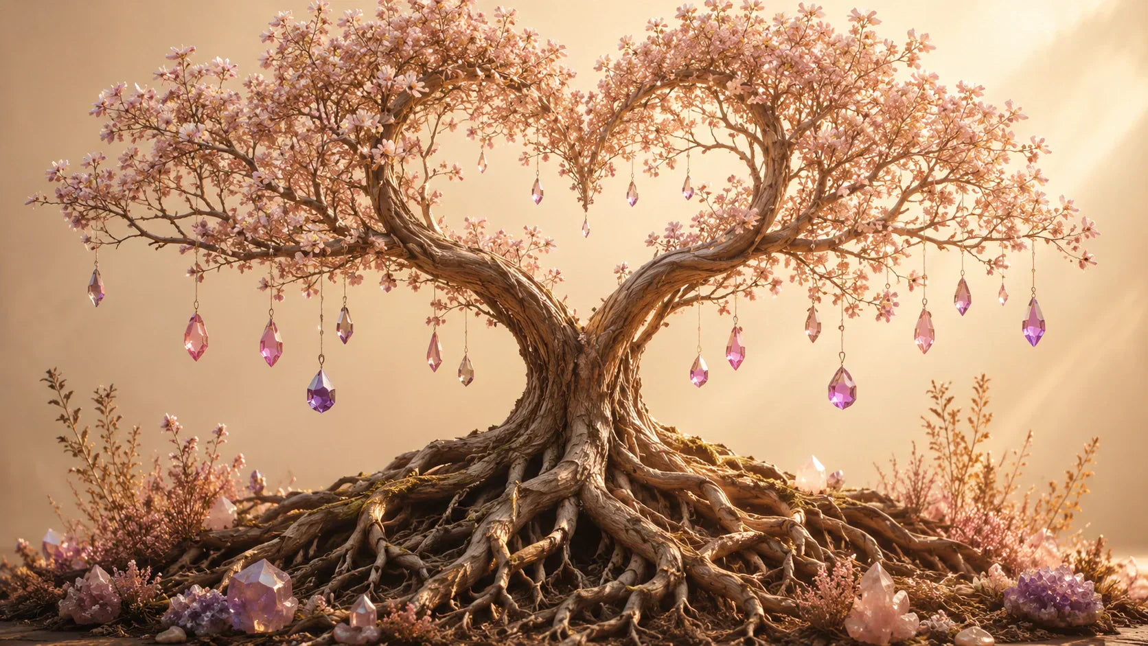 Arbre de Vie symbolisant l’amour, avec racines profondes, branches en forme de cœur et pierres roses et violettes suspendues dans une ambiance douce et lumineuse.