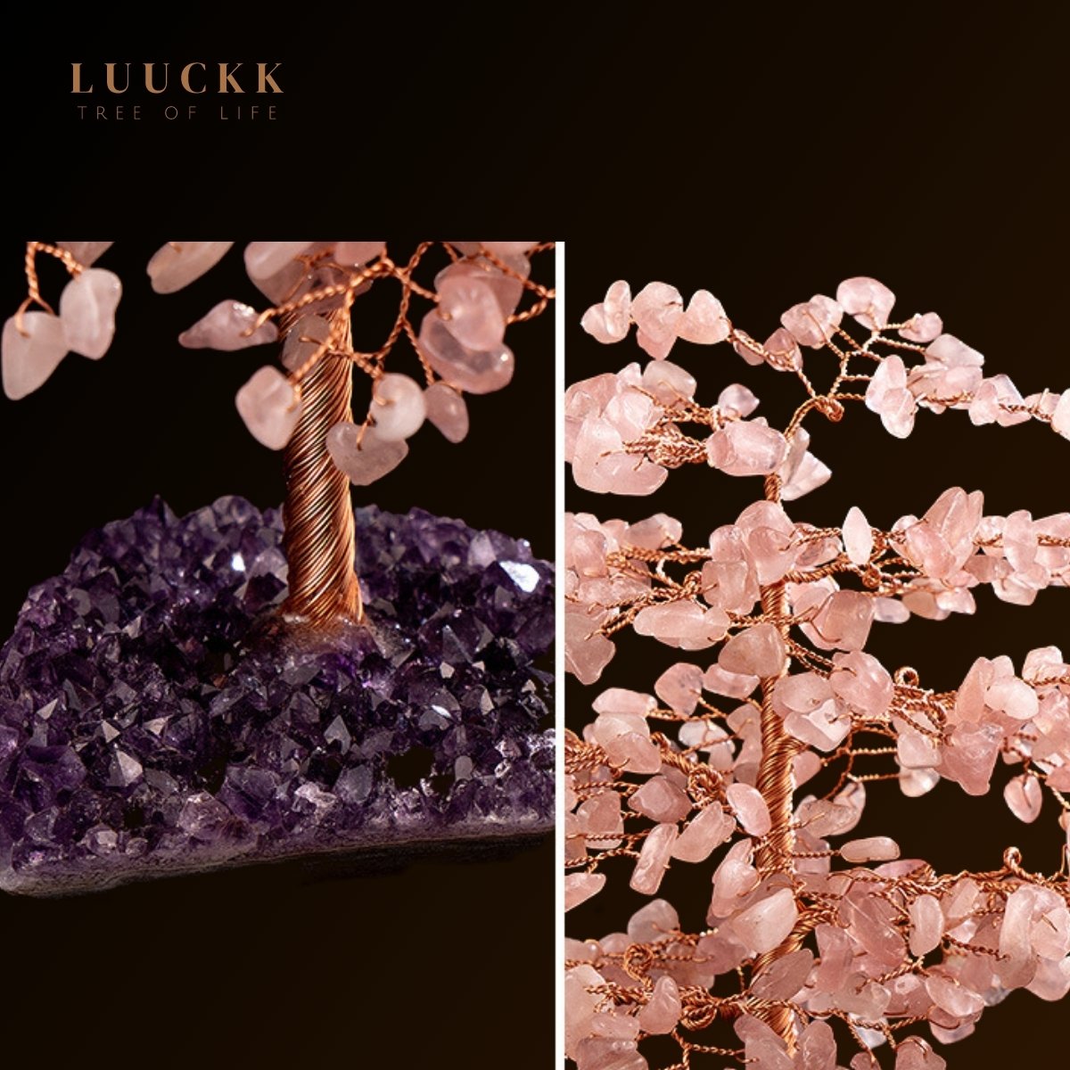 Symbiose - Lebensbaum aus Rosenquarz mit Amethyst-Geode