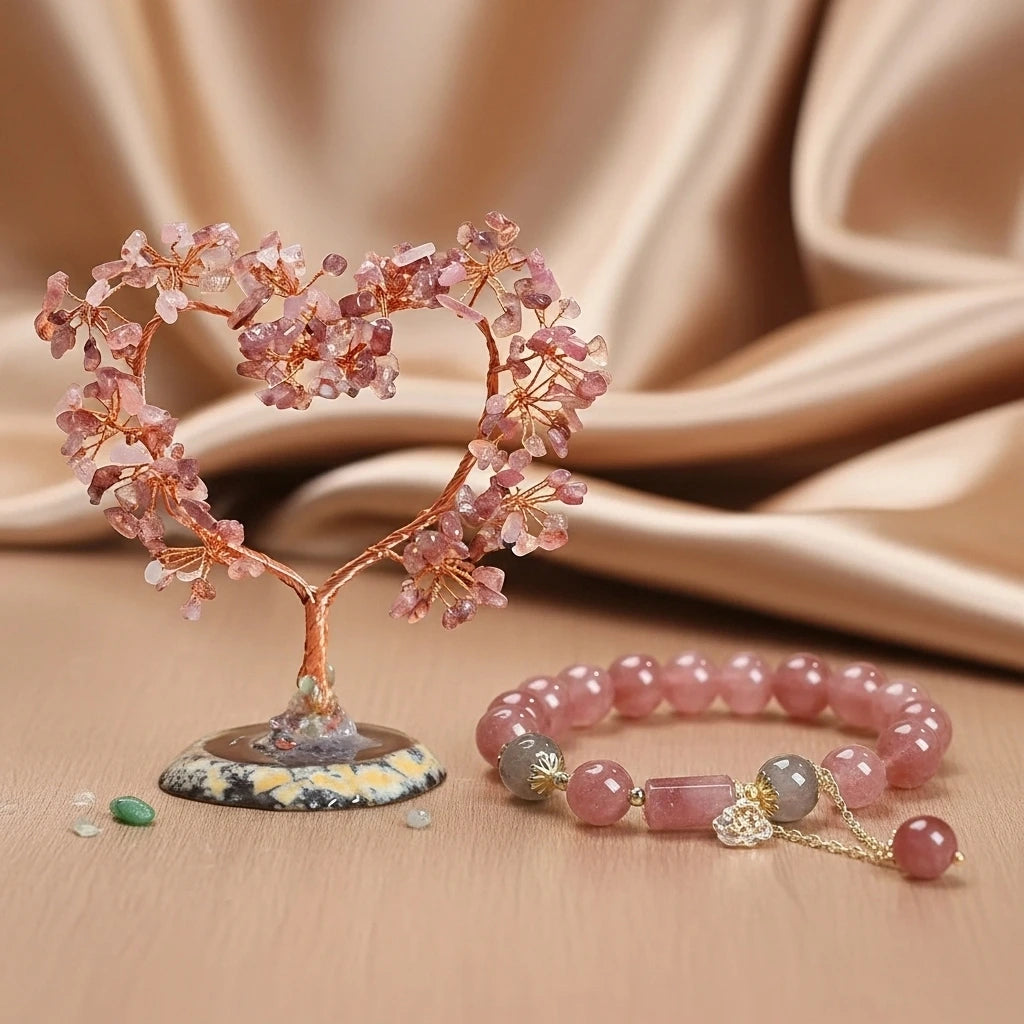 Coffret cadeau en quartz rose avec un arbre de vie en forme de cœur et un bracelet assorti, sur un fond satiné.