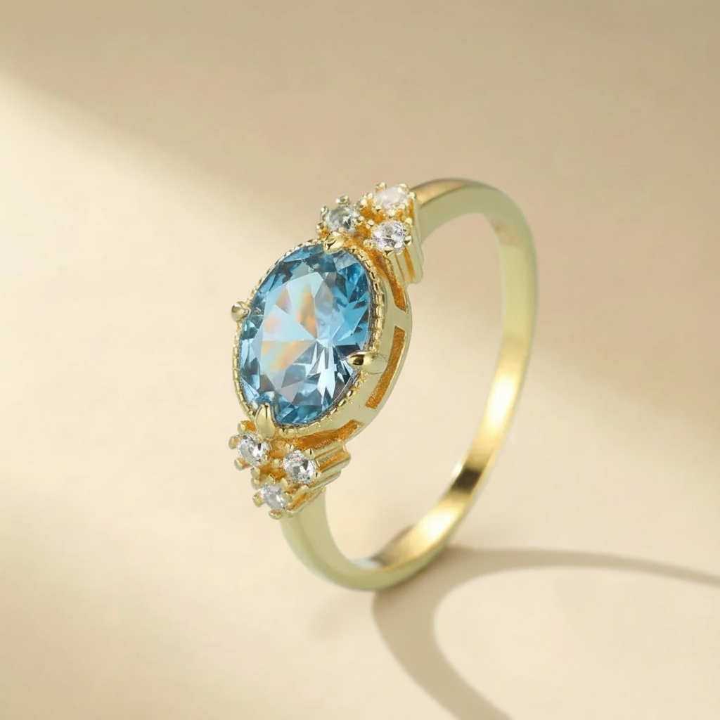 Bague Aigue Marine "Rayons Marins" Argent Doré Or