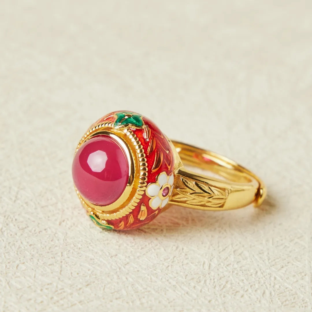 Carnelian Ring "Passion Flower" Gold-Plated Silver