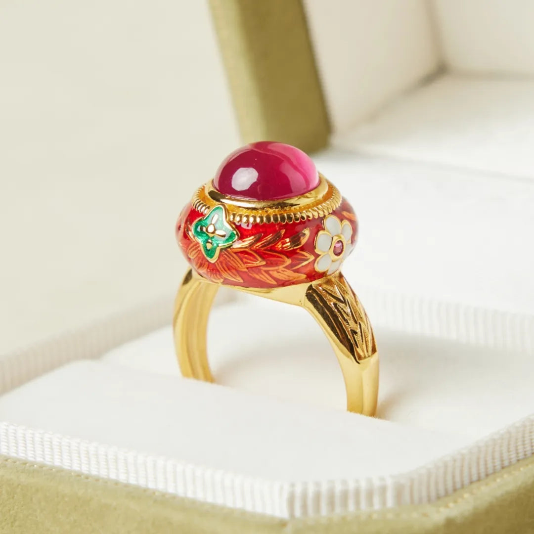 Carnelian Ring "Passion Flower" Gold-Plated Silver