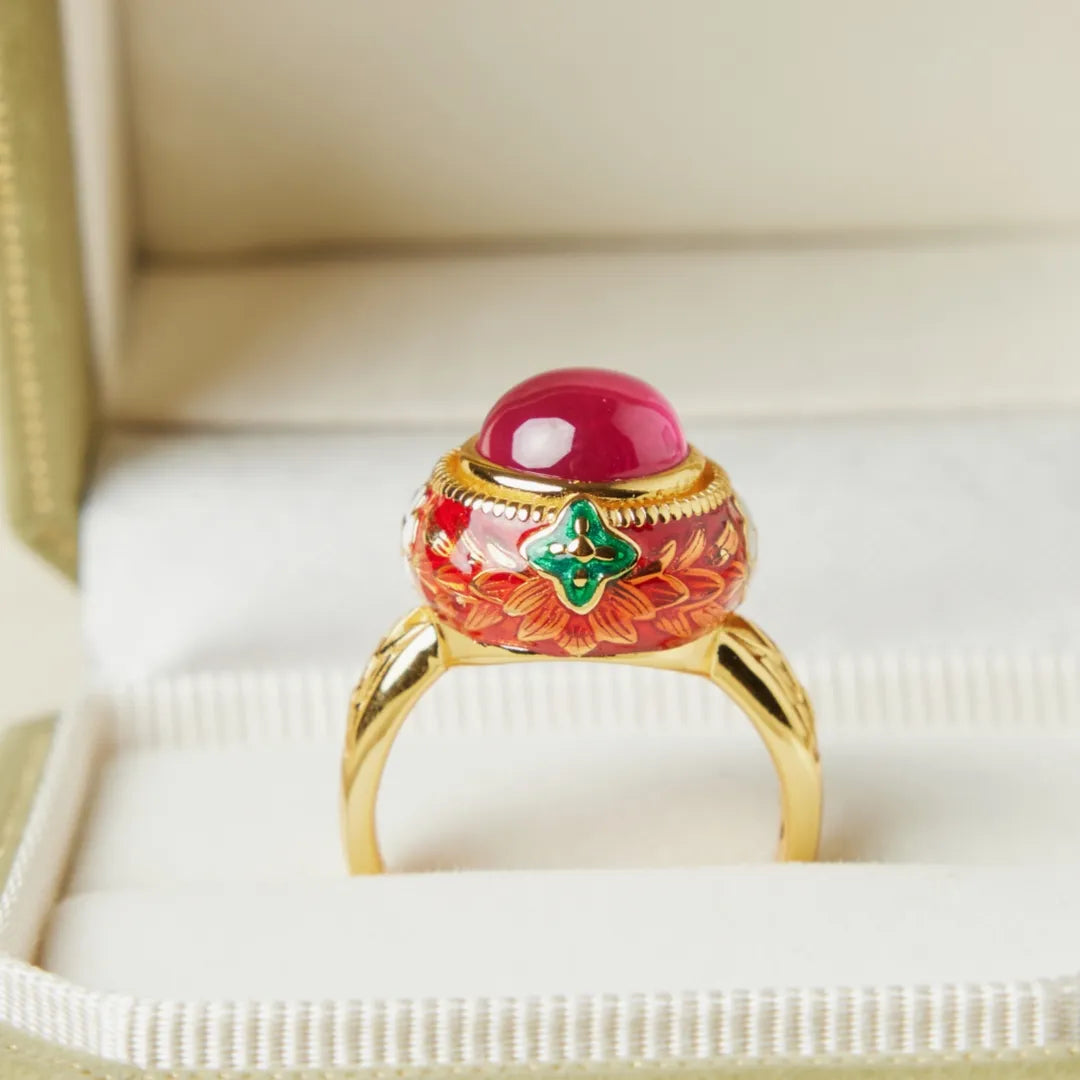 Carnelian Ring "Passion Flower" Gold-Plated Silver