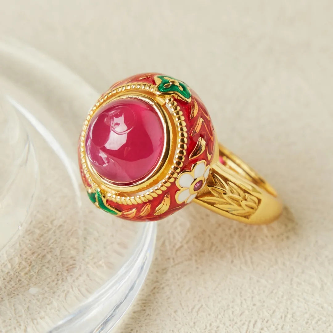 Carnelian Ring "Passion Flower" Gold-Plated Silver