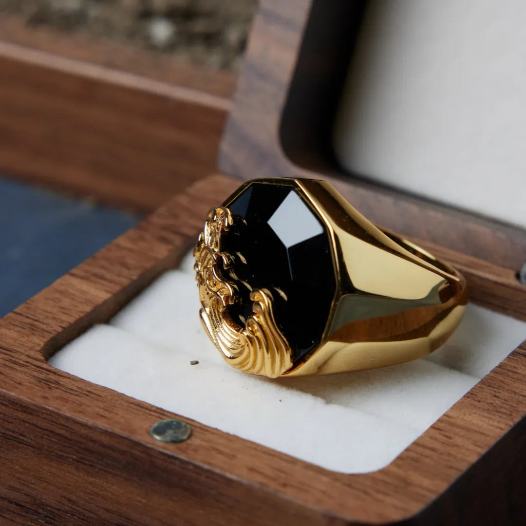 Ring Men Obsidian "Wave of Strength" Gold-Plated Silver