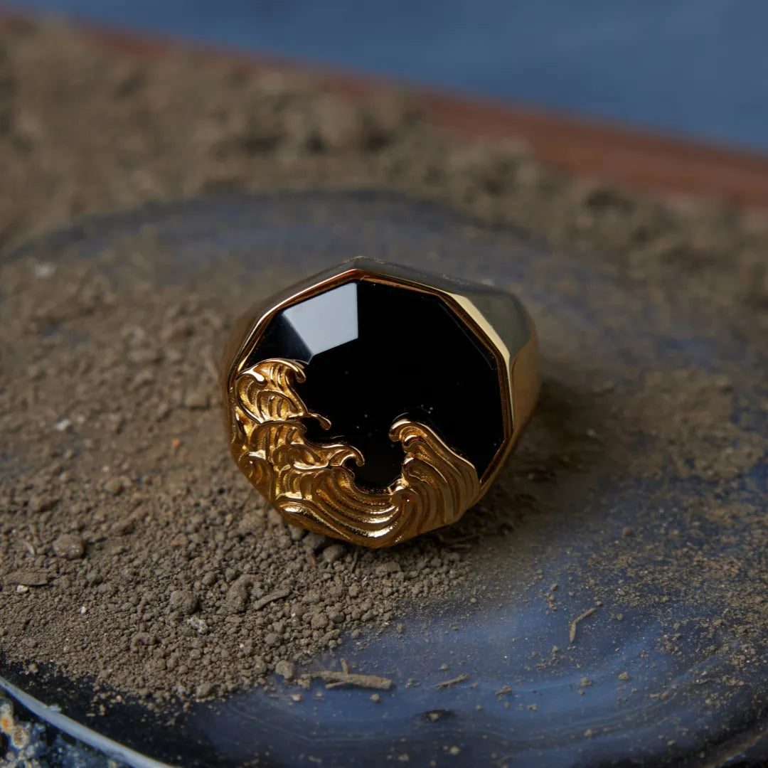 Banda Hombre Obsidiana "Ola de Fuerza" Plata Dorada Oro