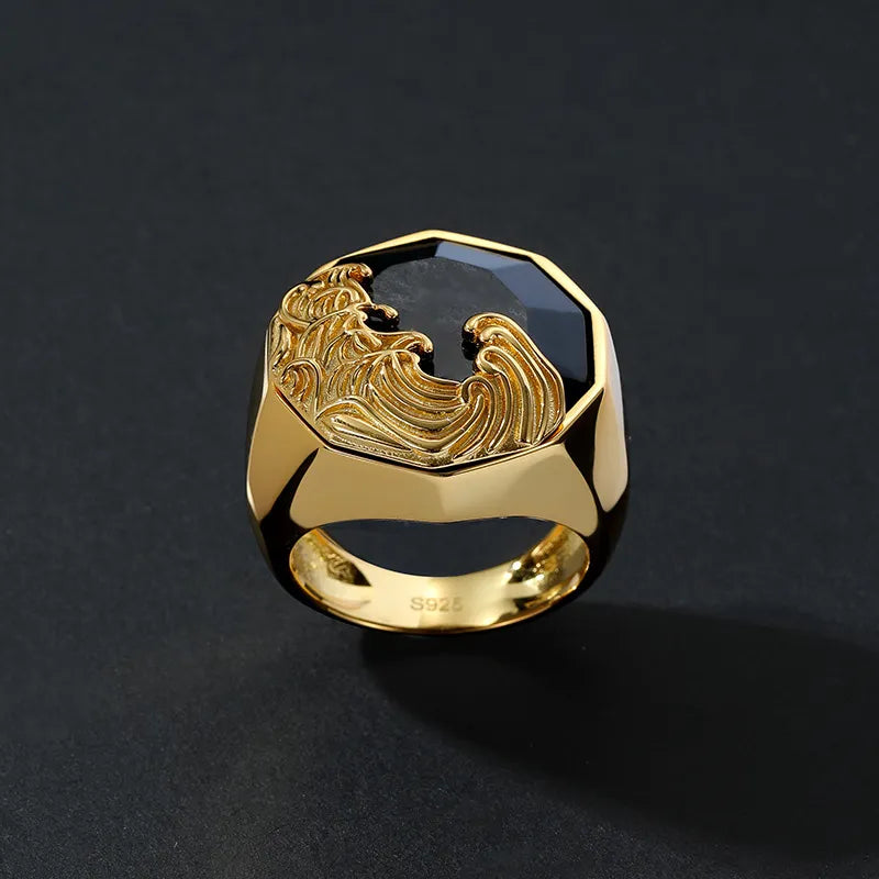 Ring Men Obsidian "Wave of Strength" Gold-Plated Silver