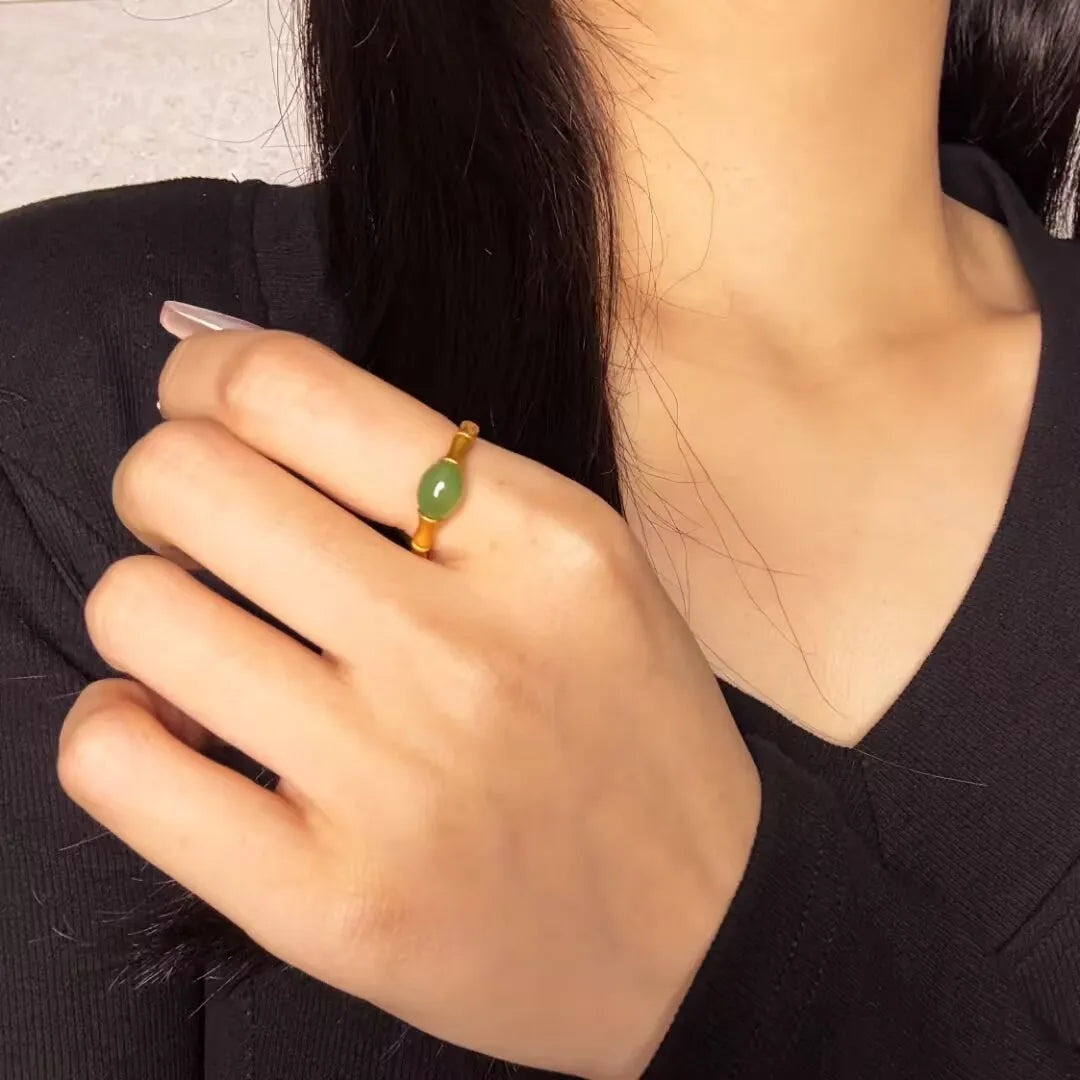 Jade Ring "Bamboo Strength" Gold-Plated Silver