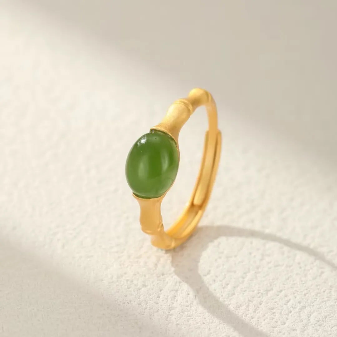 Jade Ring "Bamboo Strength" Gold-Plated Silver
