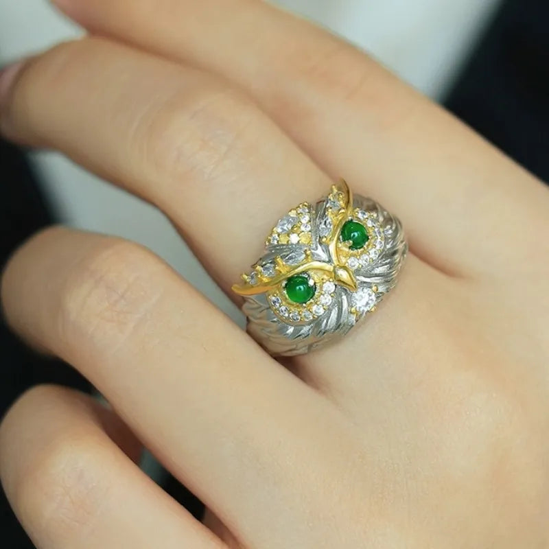 Jade Ring "Charming Owl" Silver
