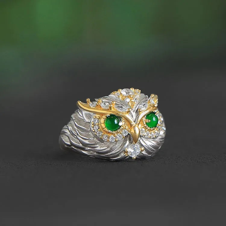 Jade Ring "Charming Owl" Silver