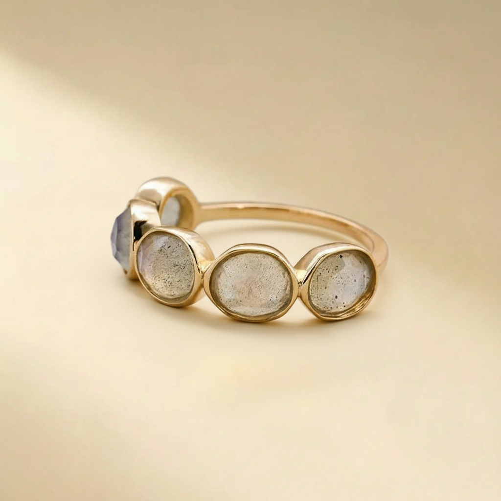 Bague Labradorite Trio – Apaisement Doré, Argent Plaqué Or