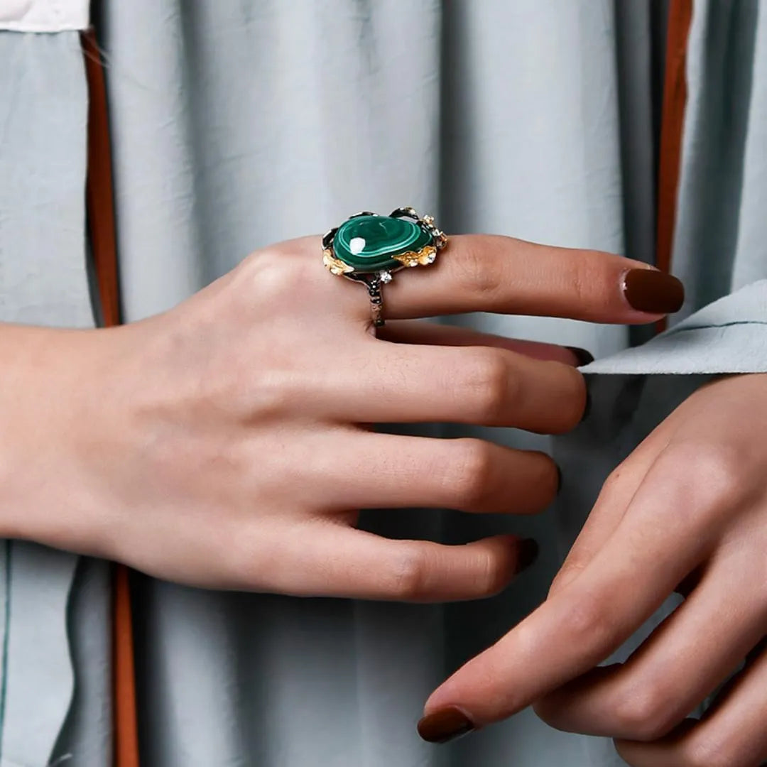 Bague Malachit "Abundanz" Silber Vergoldet Gold