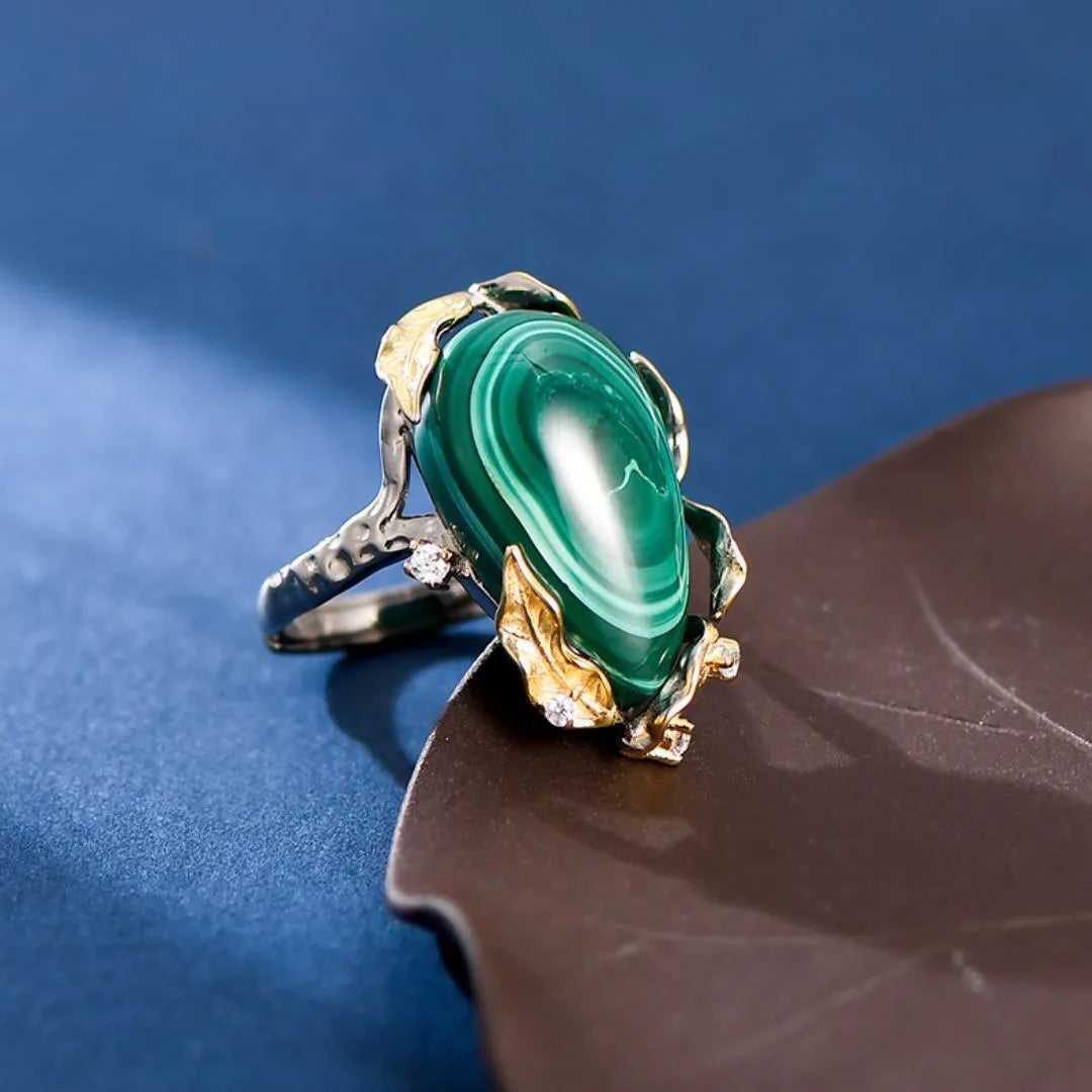 Bague Malachit "Abundanz" Silber Vergoldet Gold