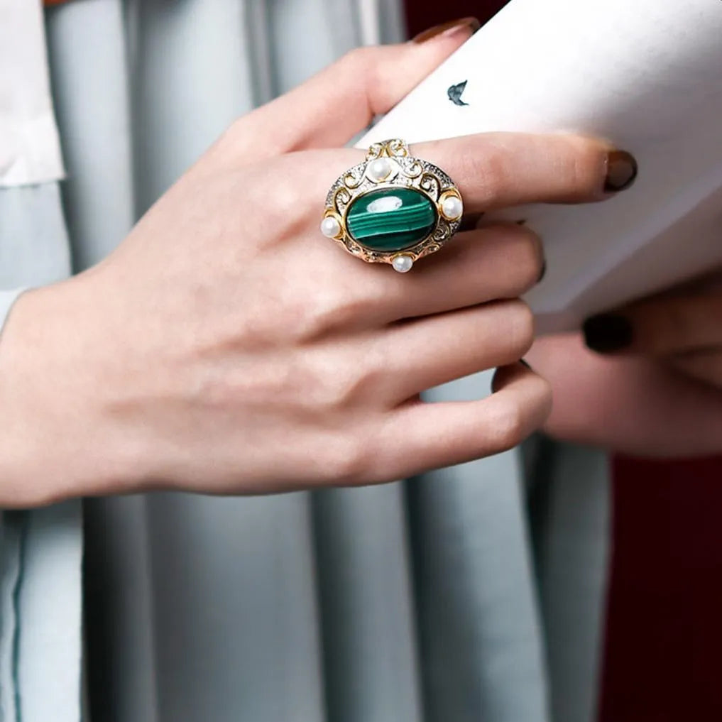 Bague Malachit und Perle – Glanz von Venus, Silber 925