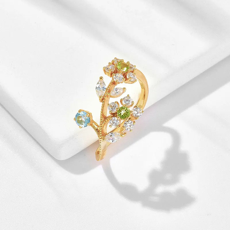 Peridot Ring "Daffodil Flower" Gold-Plated Silver