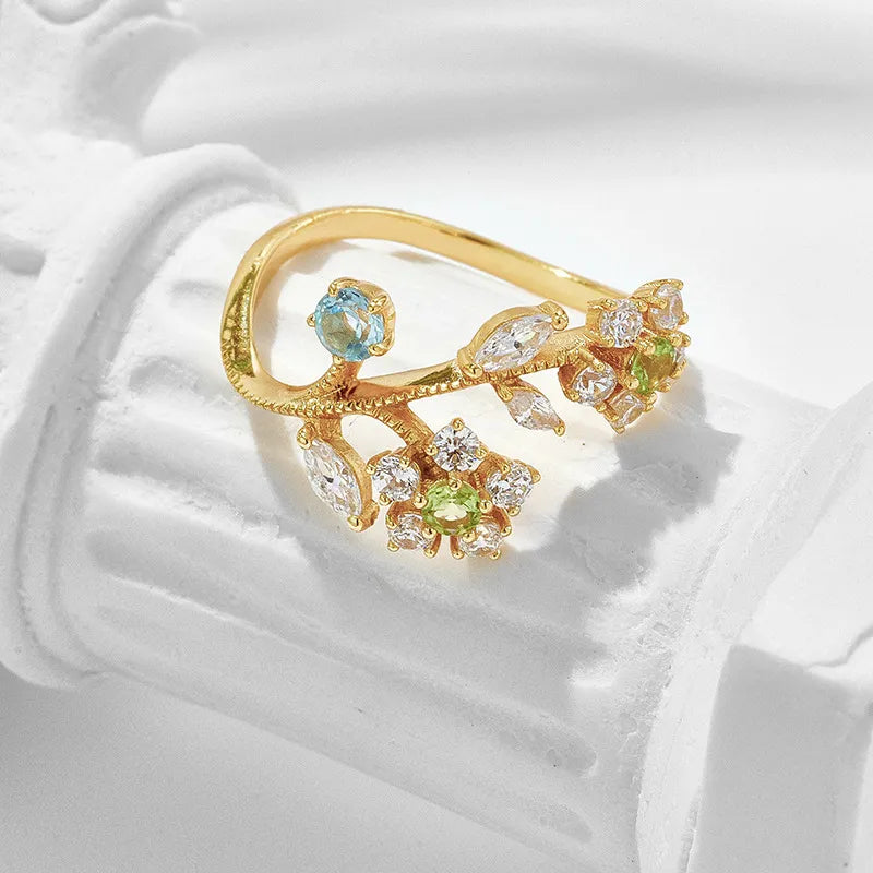 Peridot Ring "Daffodil Flower" Gold-Plated Silver