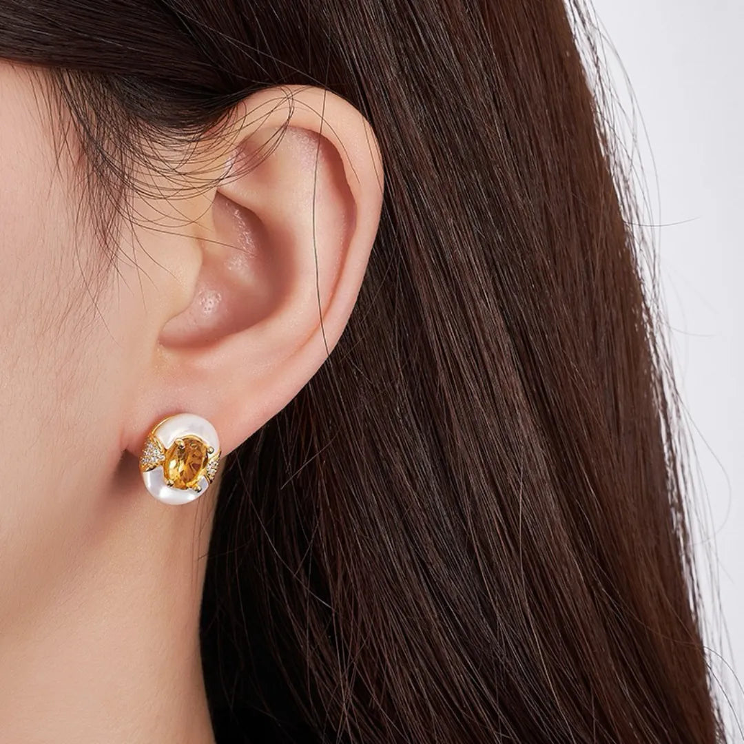 Citrine and Mother-of-Pearl Earrings "Eternal Elegance" Gold-Plated Silver