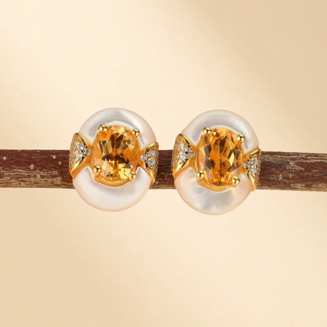 Citrine and Mother-of-Pearl Earrings "Eternal Elegance" Gold-Plated Silver