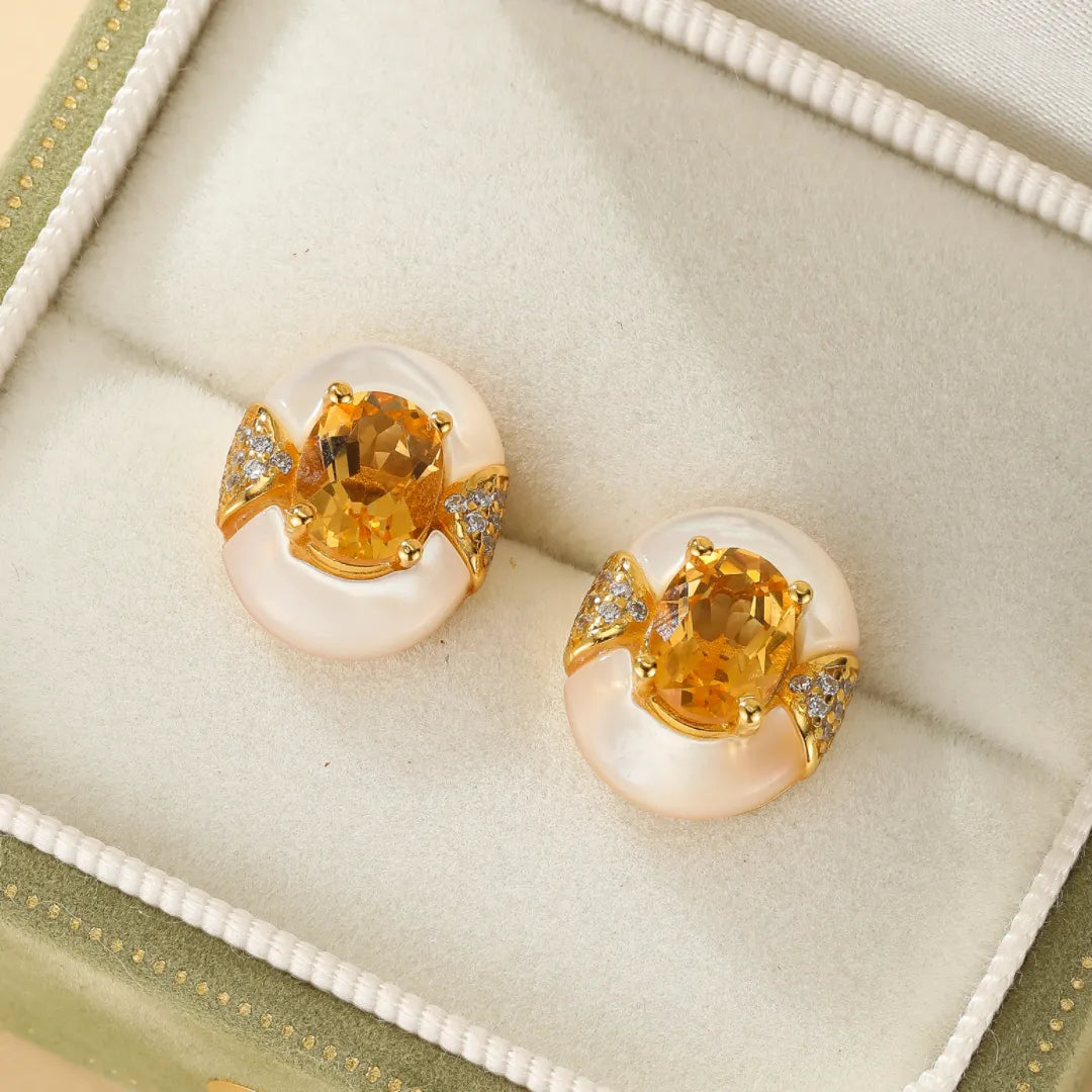 Citrine and Mother-of-Pearl Earrings "Eternal Elegance" Gold-Plated Silver