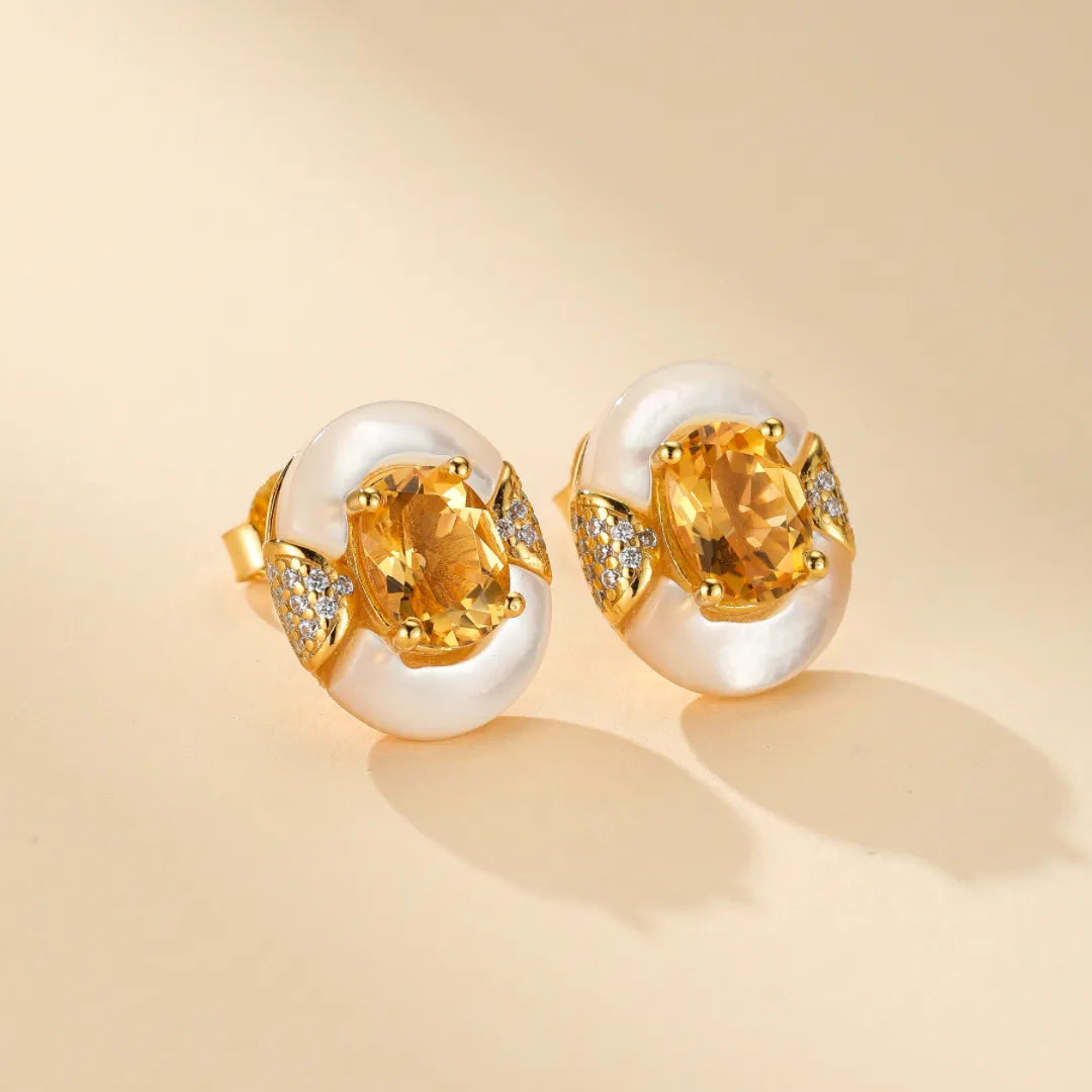 Citrine and Mother-of-Pearl Earrings "Eternal Elegance" Gold-Plated Silver