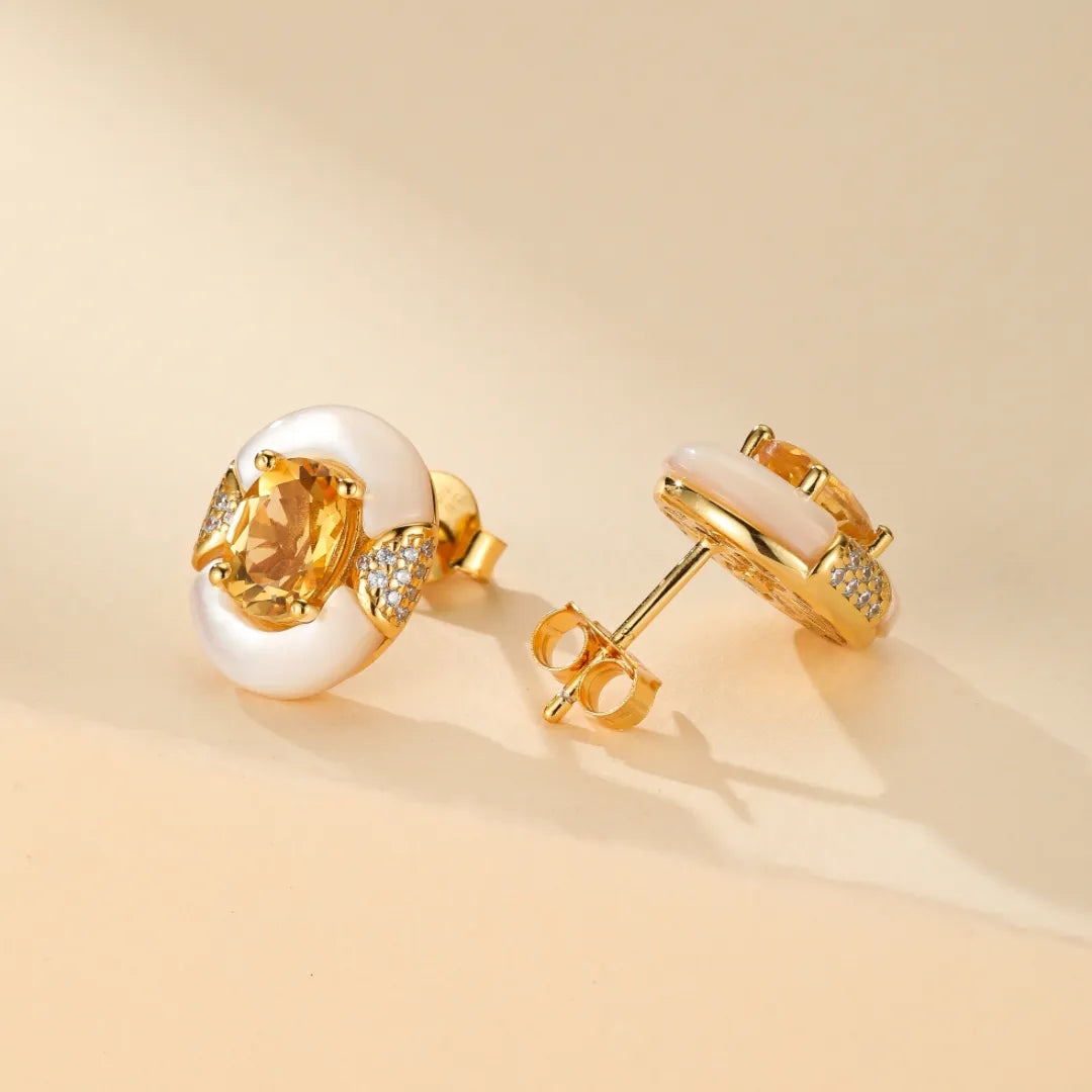 Citrine and Mother-of-Pearl Earrings "Eternal Elegance" Gold-Plated Silver