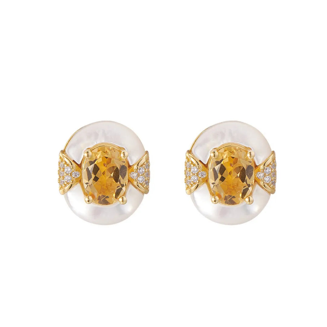 Citrine and Mother-of-Pearl Earrings "Eternal Elegance" Gold-Plated Silver