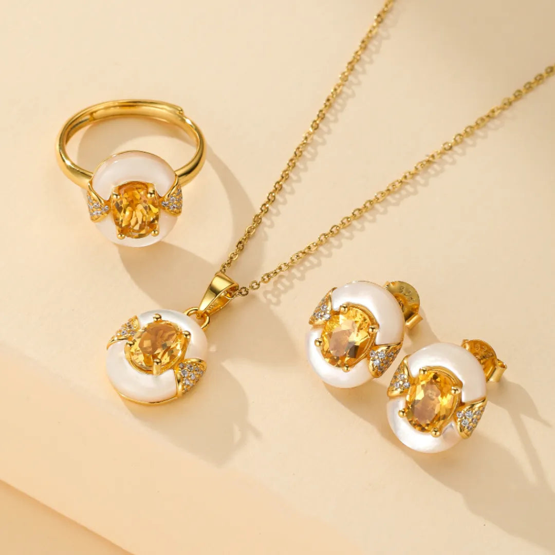Citrine and Mother-of-Pearl Earrings "Eternal Elegance" Gold-Plated Silver