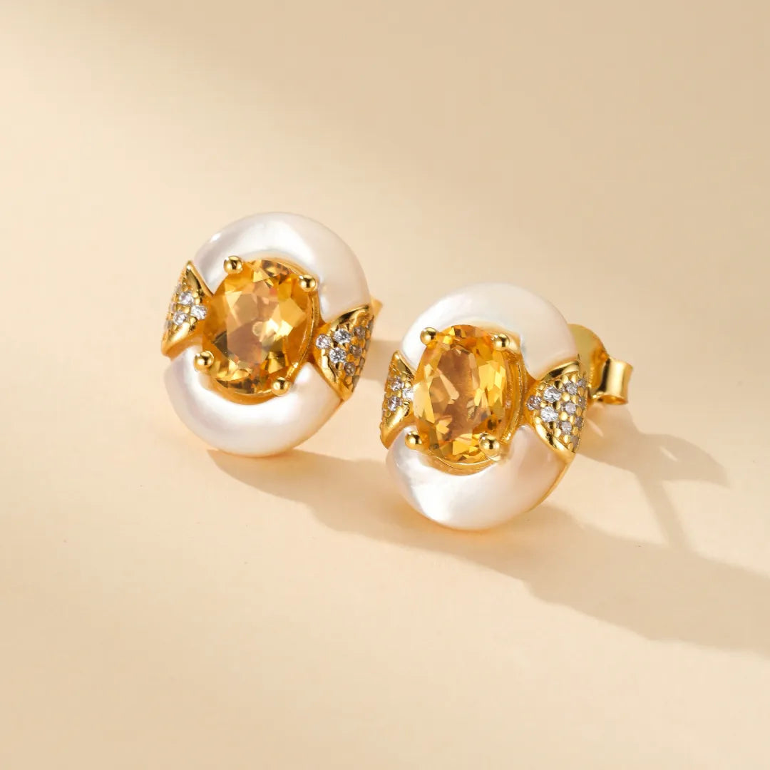 Citrine and Mother-of-Pearl Earrings "Eternal Elegance" Gold-Plated Silver