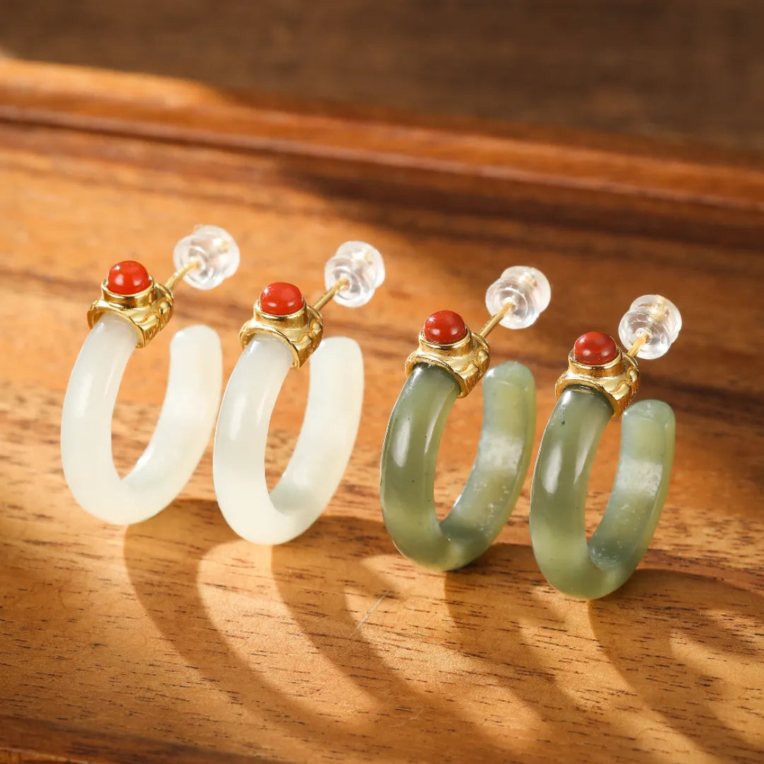 Hoop Earrings Jade and Agate "Soothing Circle" Gold-Plated Silver
