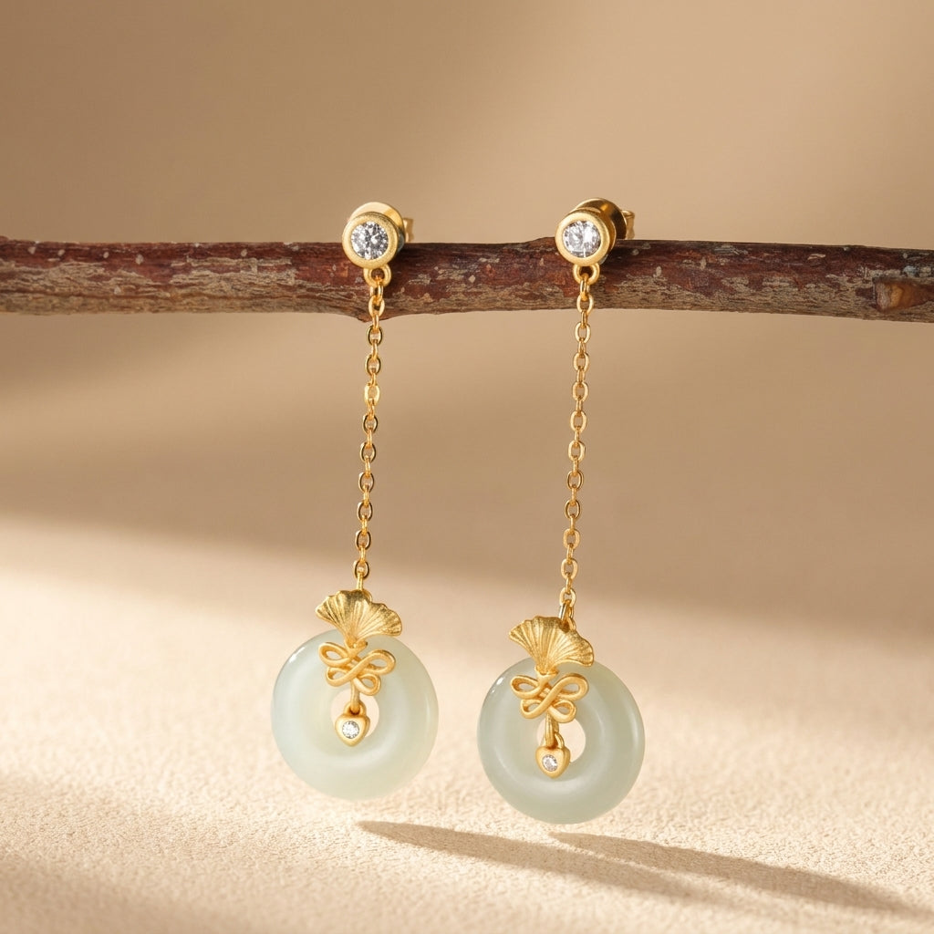 Boucles d'Oreilles Ginkgo Jade Blanc "Danse d'Éternité" Argent Doré Or @main