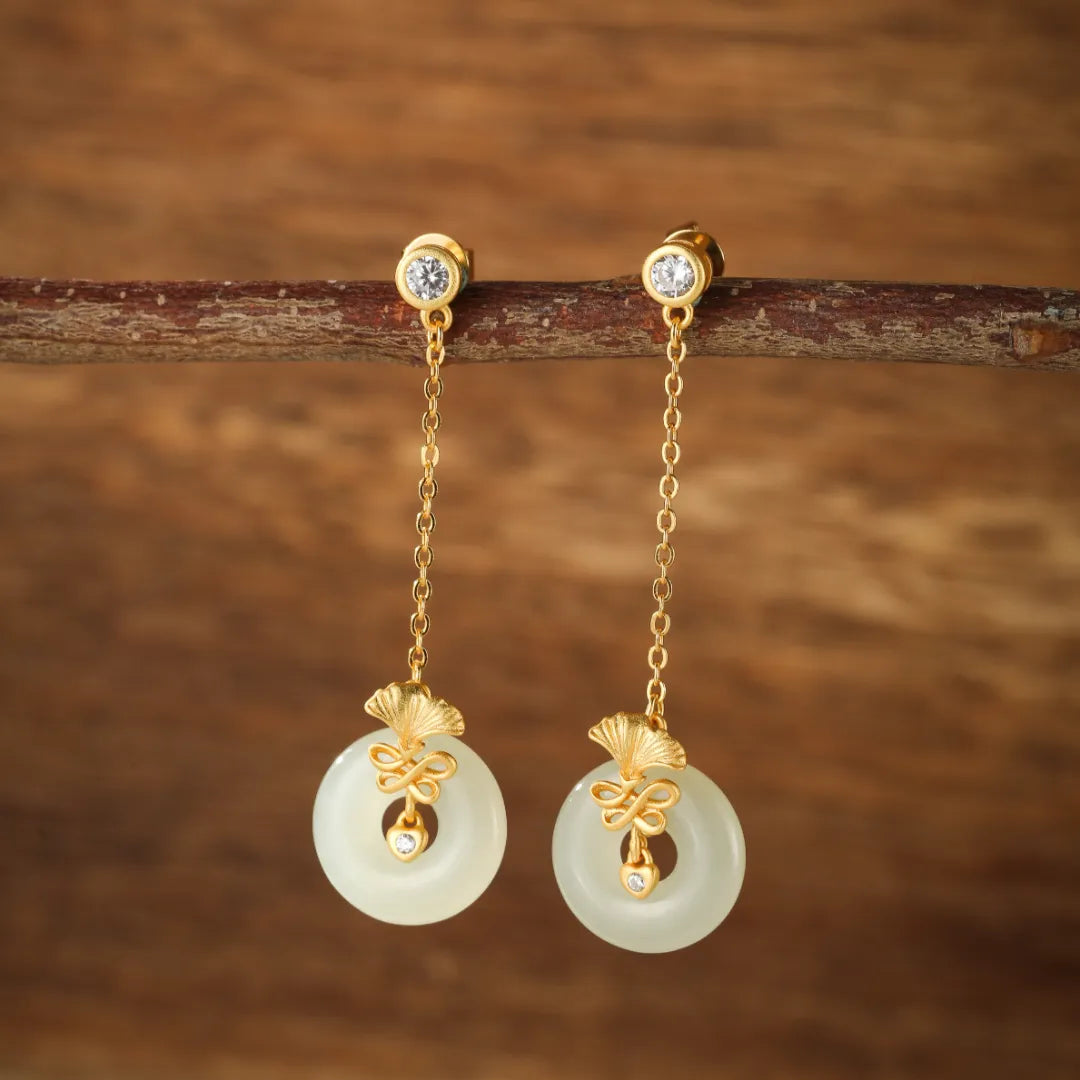 Ginkgo White Jade Earrings "Dance of Eternity" Gold-Plated Silver
