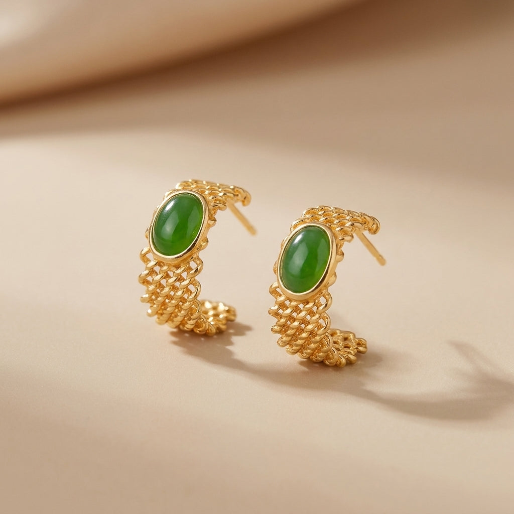 Boucles d'Oreilles Jade "Charme Discret" Argent Doré Or @main