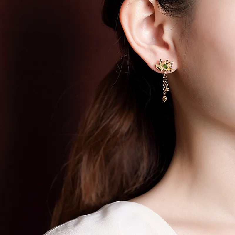 Jade Lotus Earrings "Golden Lotus" Gold-Plated Silver