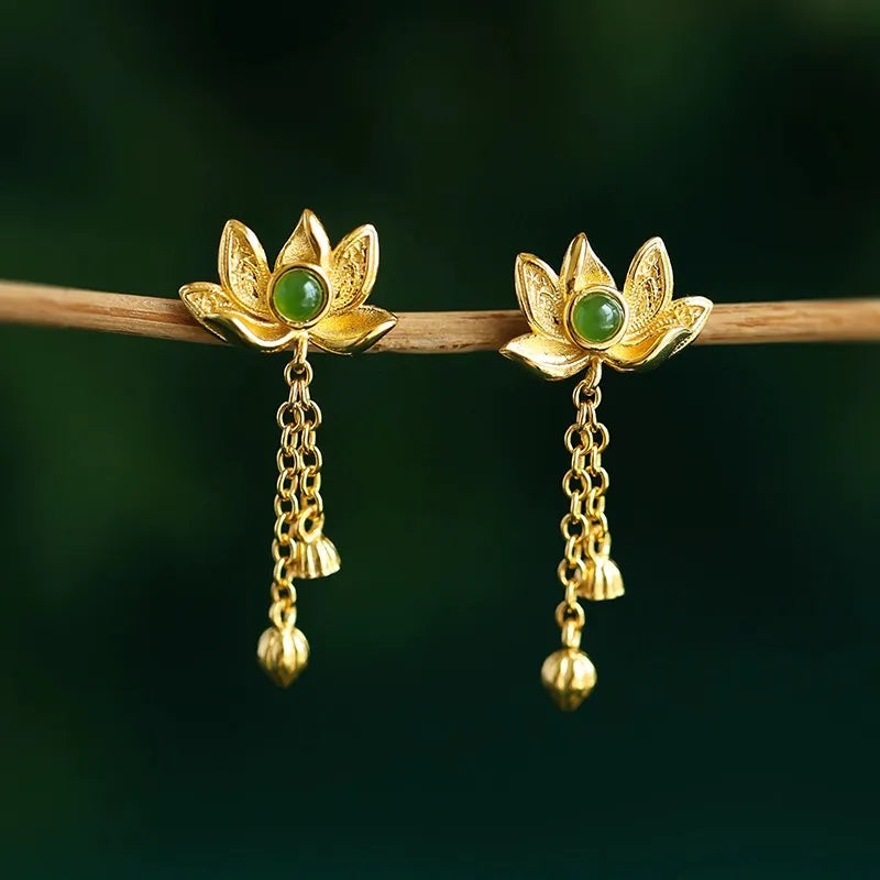 Jade Lotus Earrings "Golden Lotus" Gold-Plated Silver