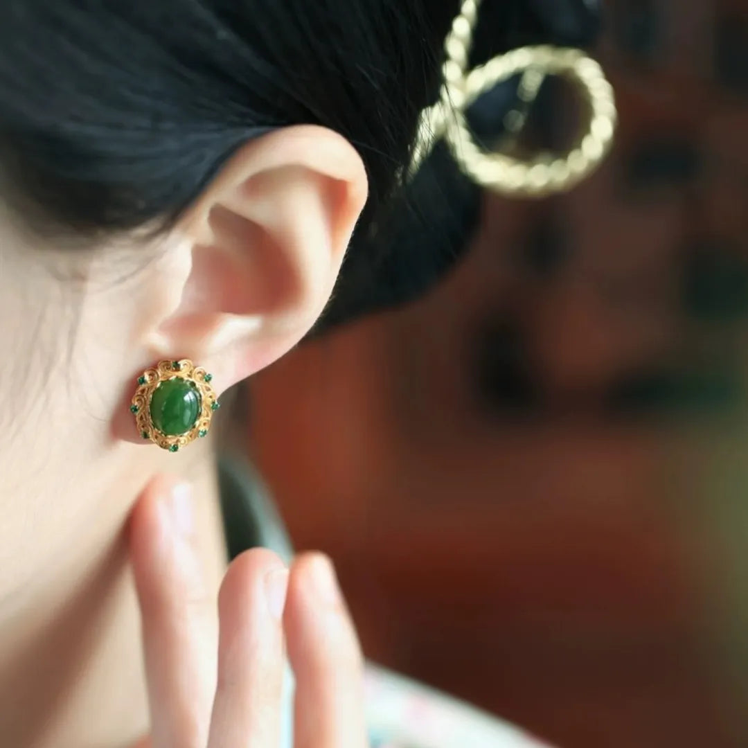 Jade Earrings "Ancestral Treasure" Gold-Plated Silver