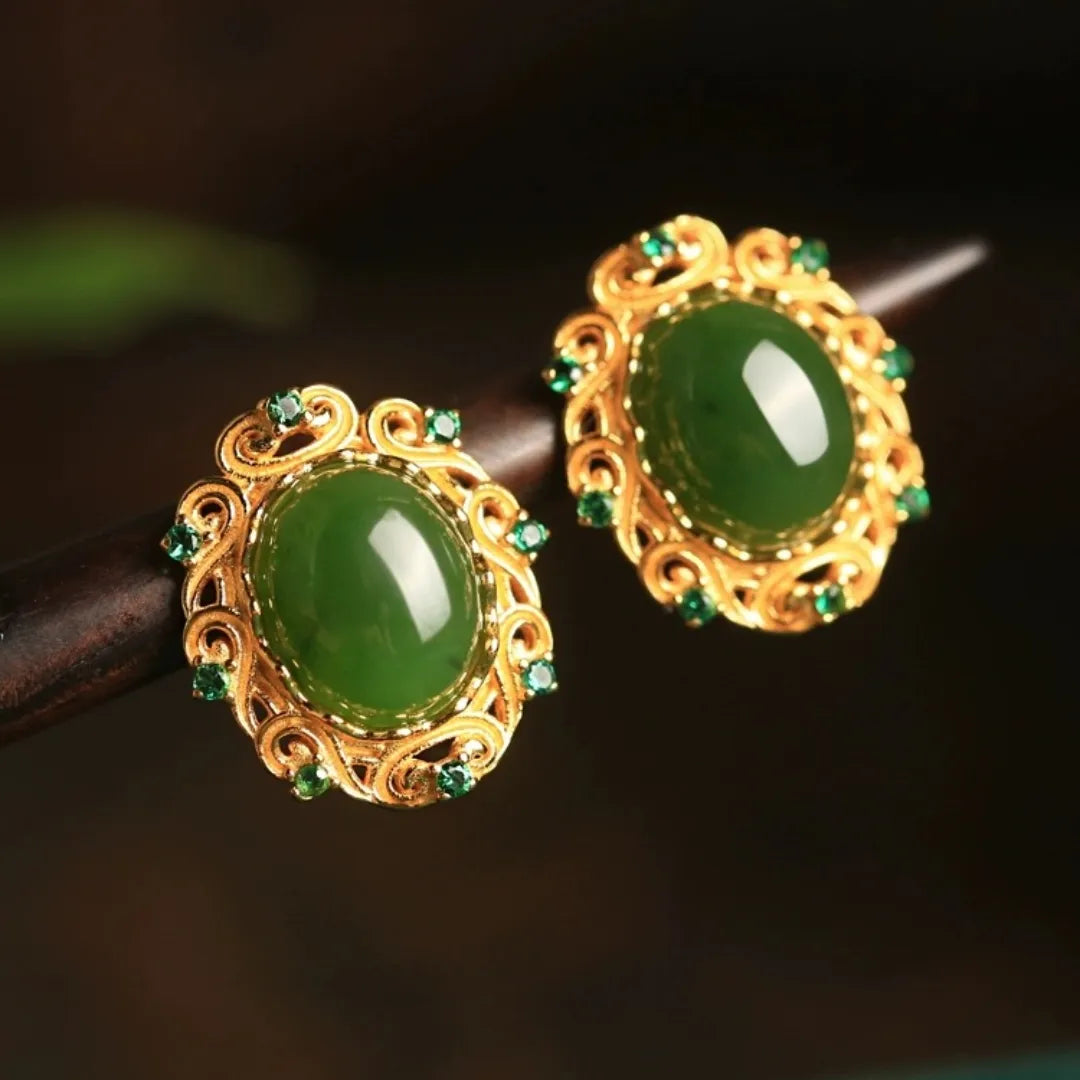 Jade Earrings "Ancestral Treasure" Gold-Plated Silver