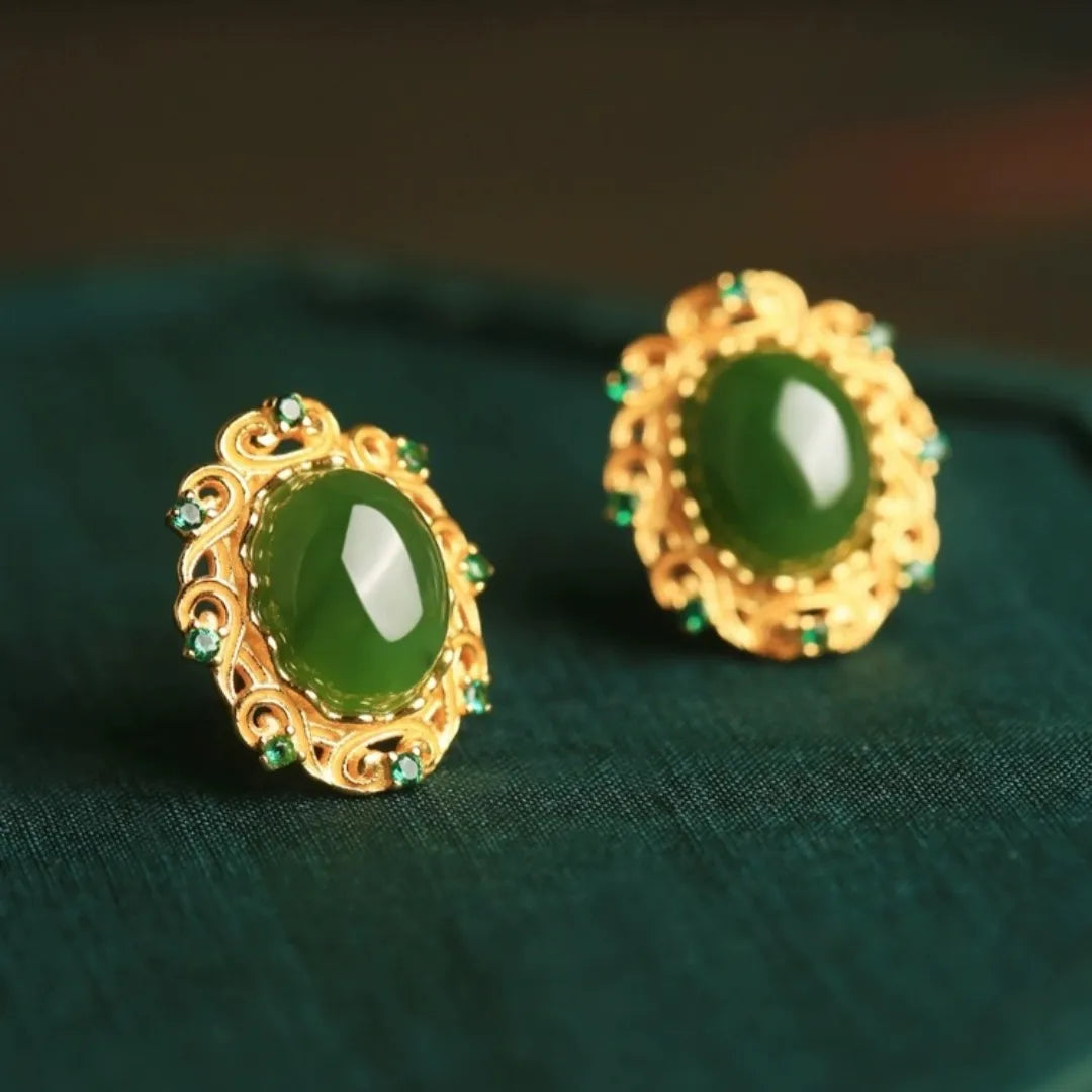 Jade Earrings "Ancestral Treasure" Gold-Plated Silver