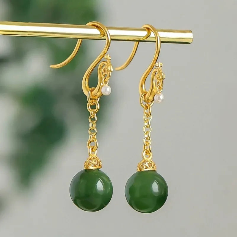Jade Earrings "Serene Treasure" Gold-Plated Silver