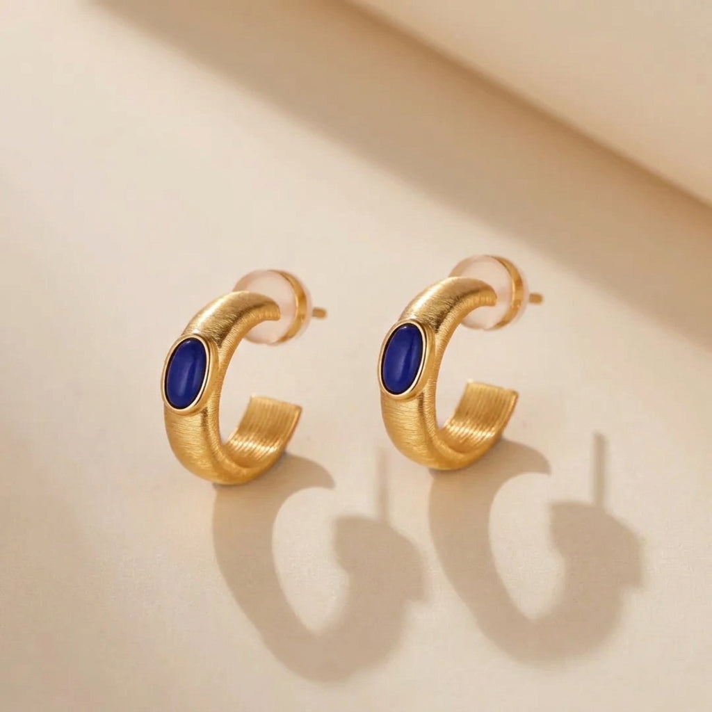 Boucles d'Oreilles Lapis Lazuli "Secret Royal" Argent Doré Or @main