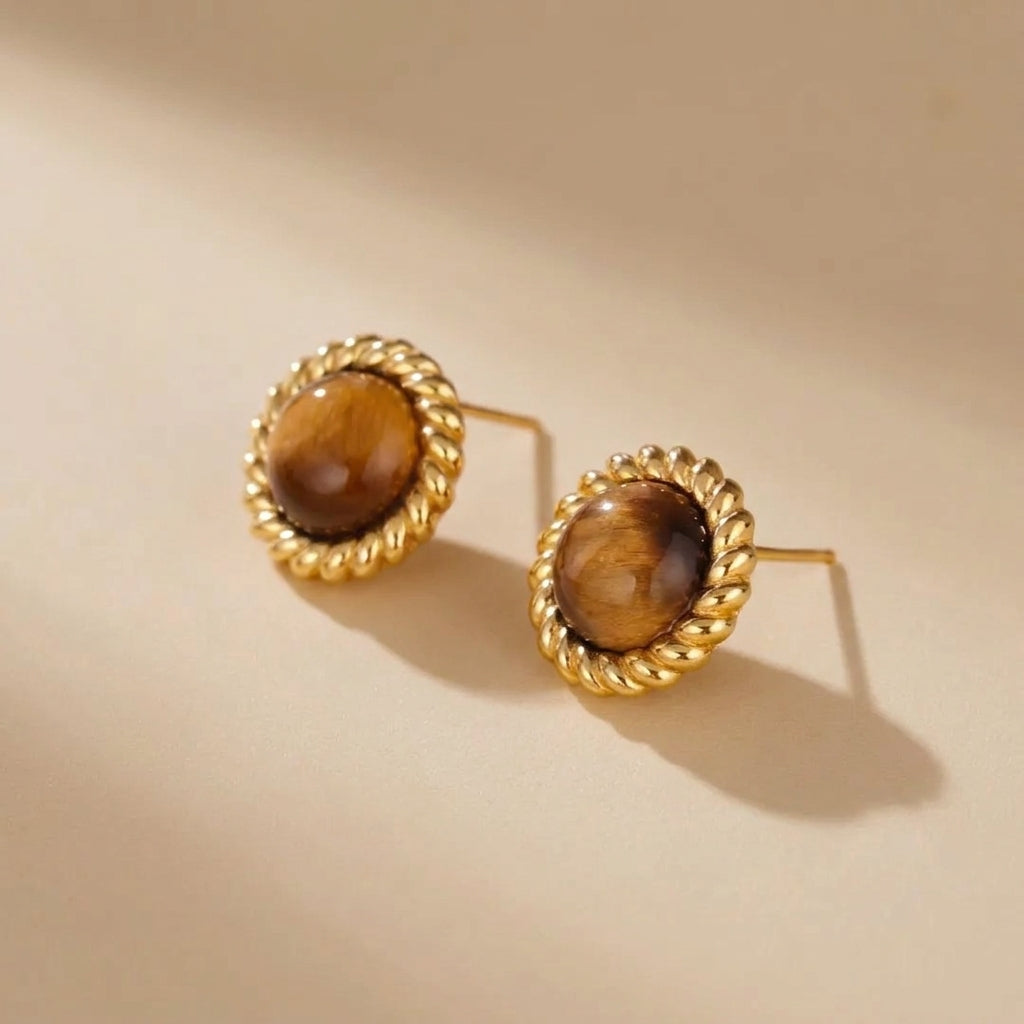 Boucles d'Oreilles Œil de Tigre "Petit Éclat" Argent Doré Or @main