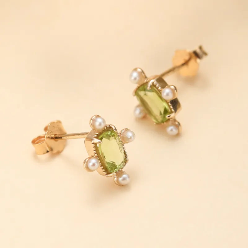 Peridot and Pearl Earrings "Radiant Allure" Gold-Plated Silver