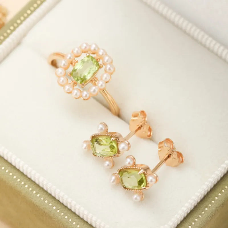 Peridot and Pearl Earrings "Radiant Allure" Gold-Plated Silver