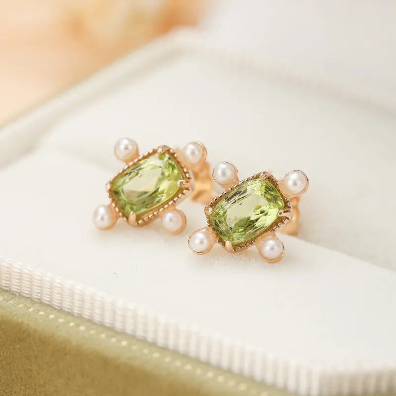 Peridot- und Perlenohrringe "Strahlende Anziehung" vergoldet Silber