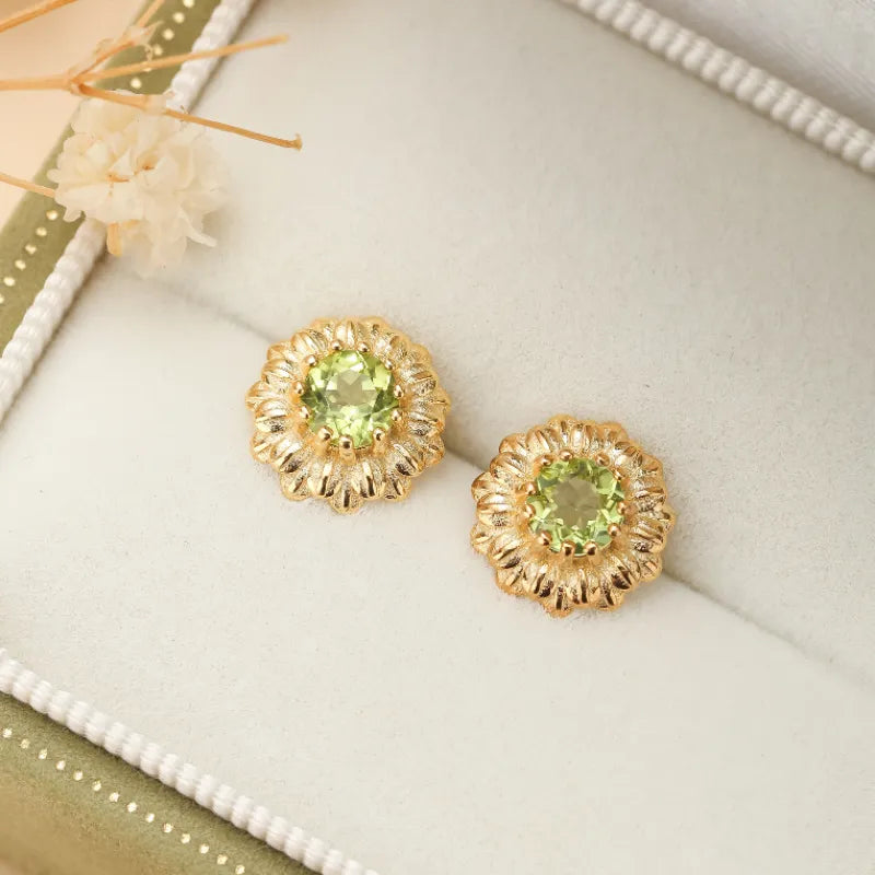 Peridot Earrings "Radiant Flower" Gold-Plated Silver