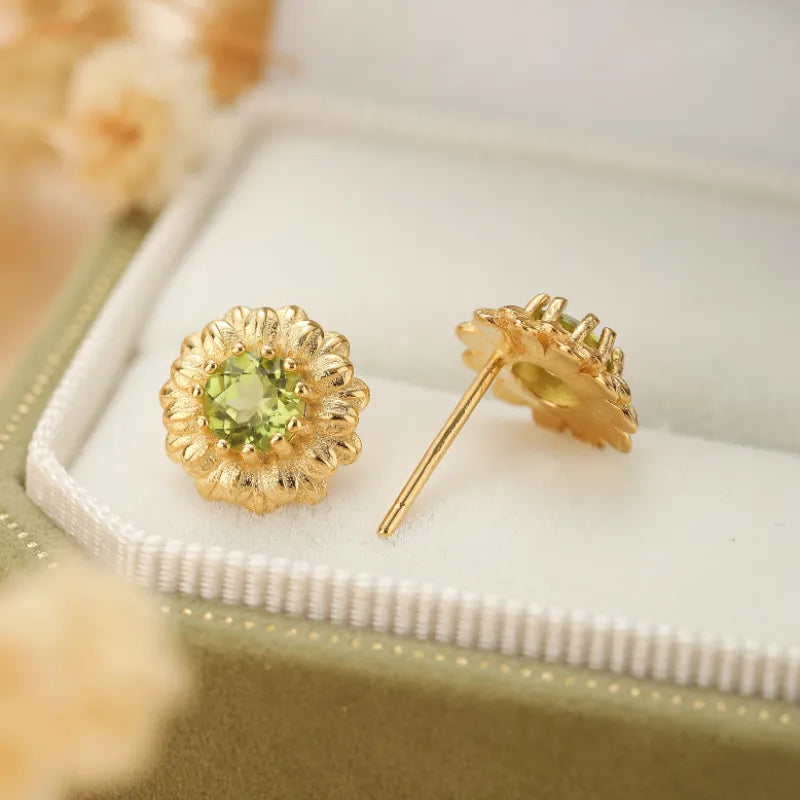 Peridot Earrings "Radiant Flower" Gold-Plated Silver
