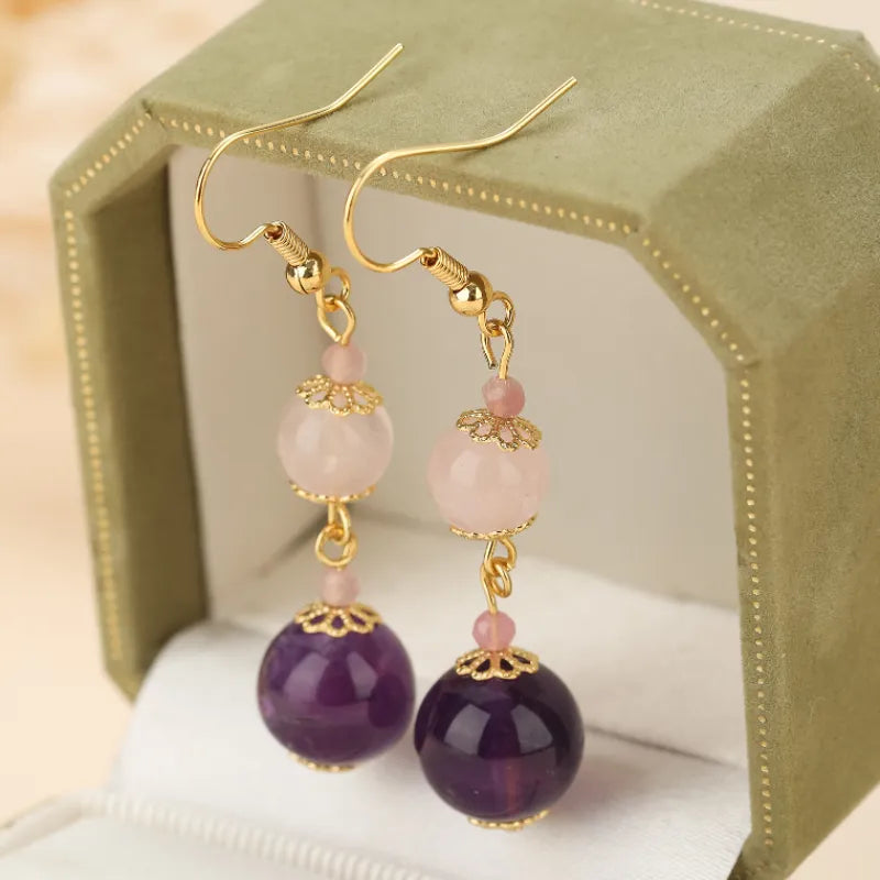 Rose Quartz and Amethyst "Pastel Harmony" Gold Earrings