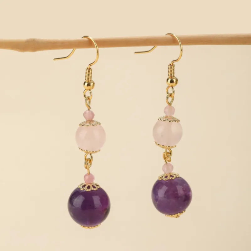 Rose Quartz and Amethyst "Pastel Harmony" Gold Earrings