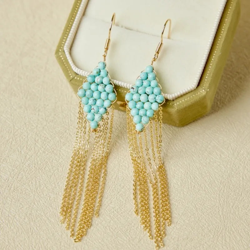 Boucles d'Oreilles Turquoise "Cascade Charmante" Argent Doré Or