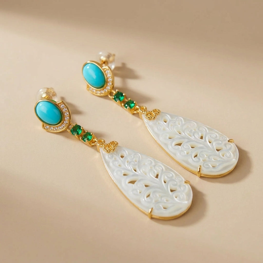 Boucles d'Oreilles Turquoise et Nacre "Empire Coloré" Argent Doré Or @main